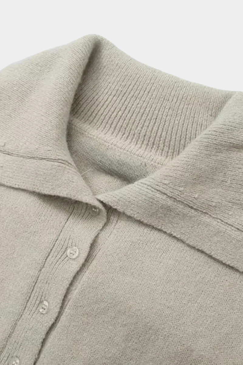 Knitted Sweater with Button Collar and Ribbed Waistband Women