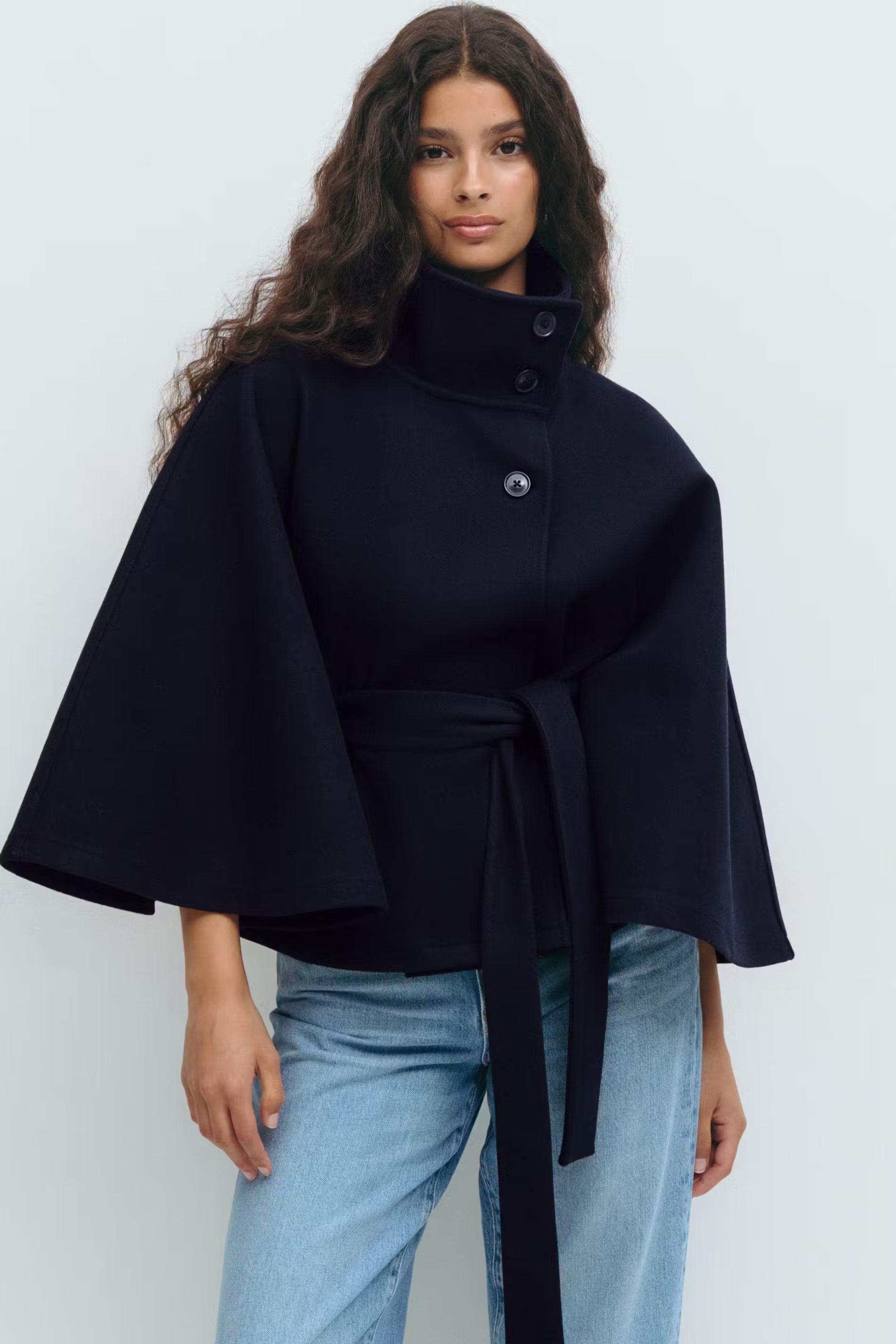 Women's Cape Coat with High Collar and Belt