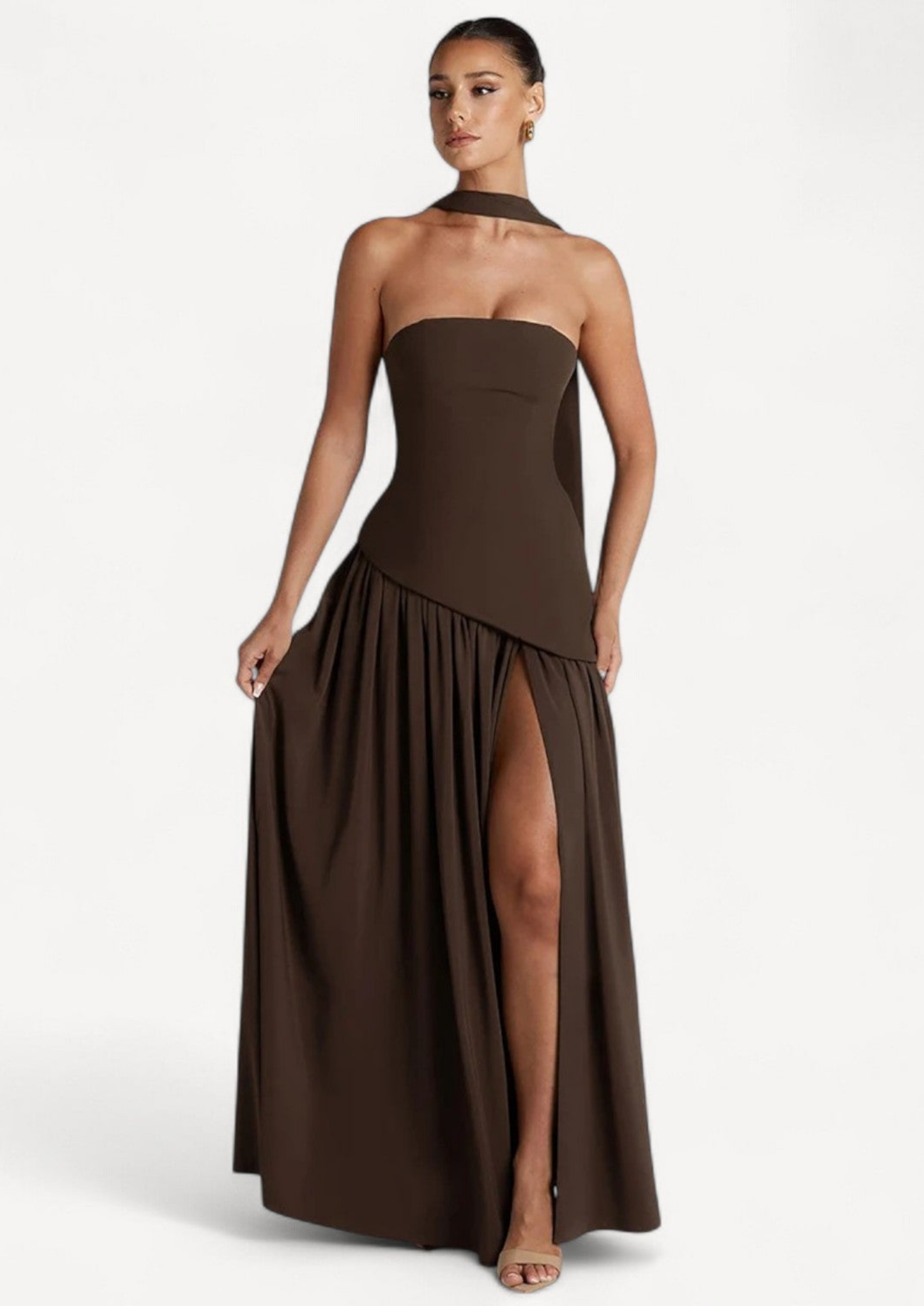 Strapless Maxi Dress with Detachable Scarf | Wedding Guest Gown Women