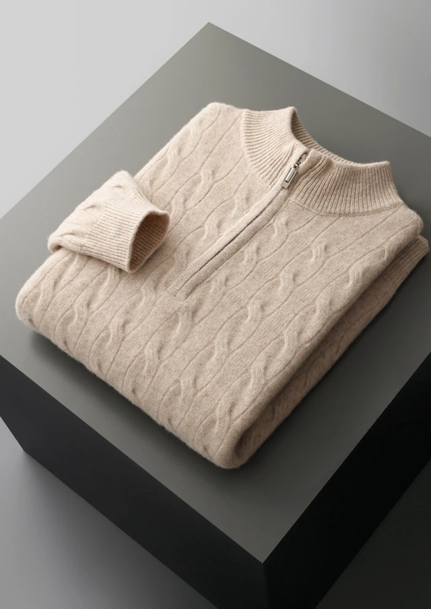 Men’s Half-Zip Cable Knit Sweater in Extra-Fine Merino Wool
