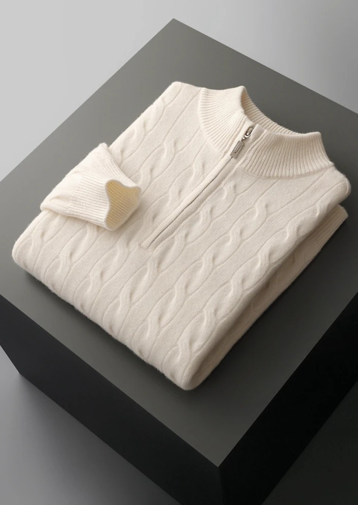 Men’s Half-Zip Cable Knit Sweater in Extra-Fine Merino Wool