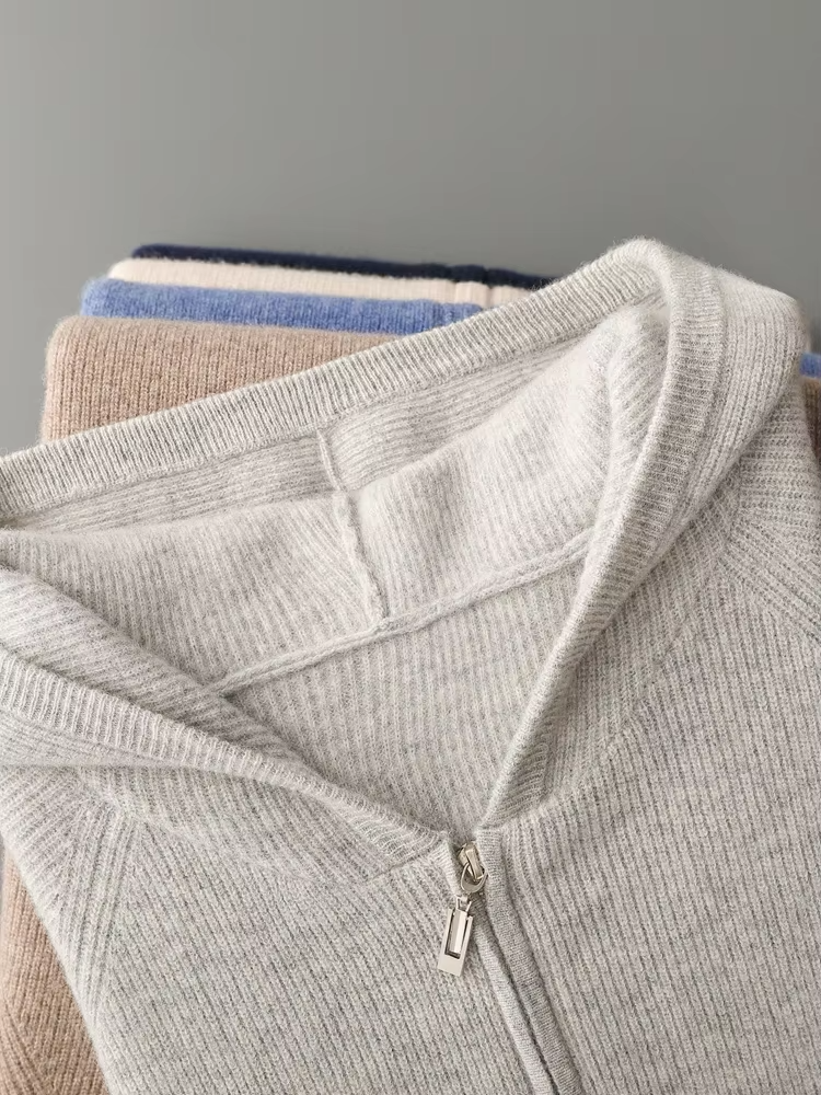 Merino Wool Extra-Fine Ribbed Hoodie With Zip