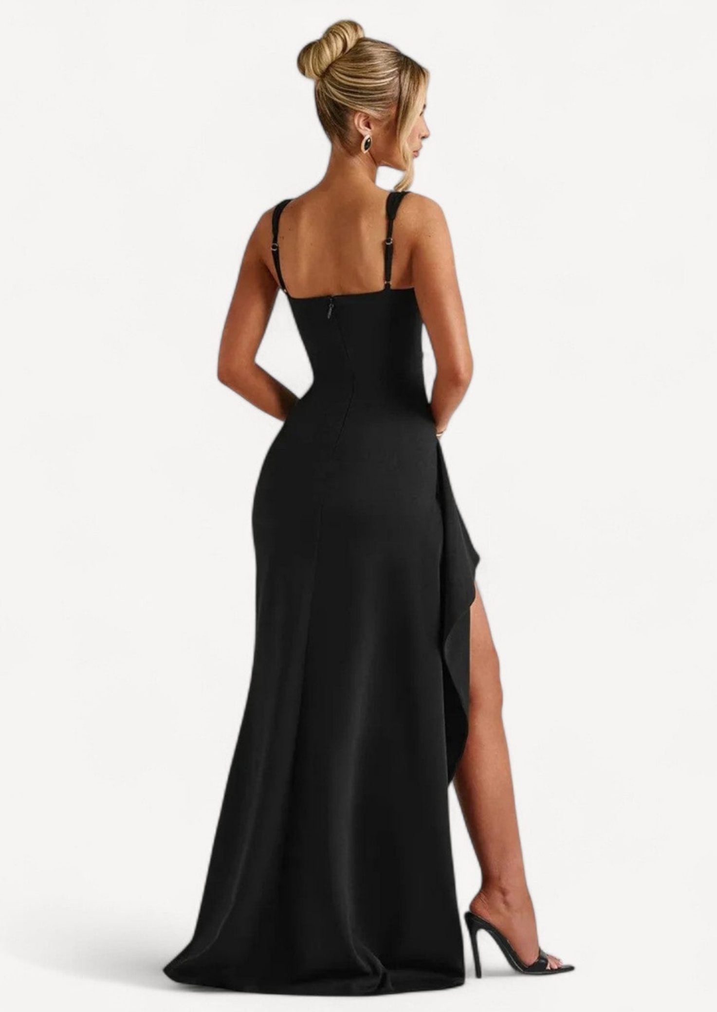 Black Square Neck Maxi Dress with High Slit Women