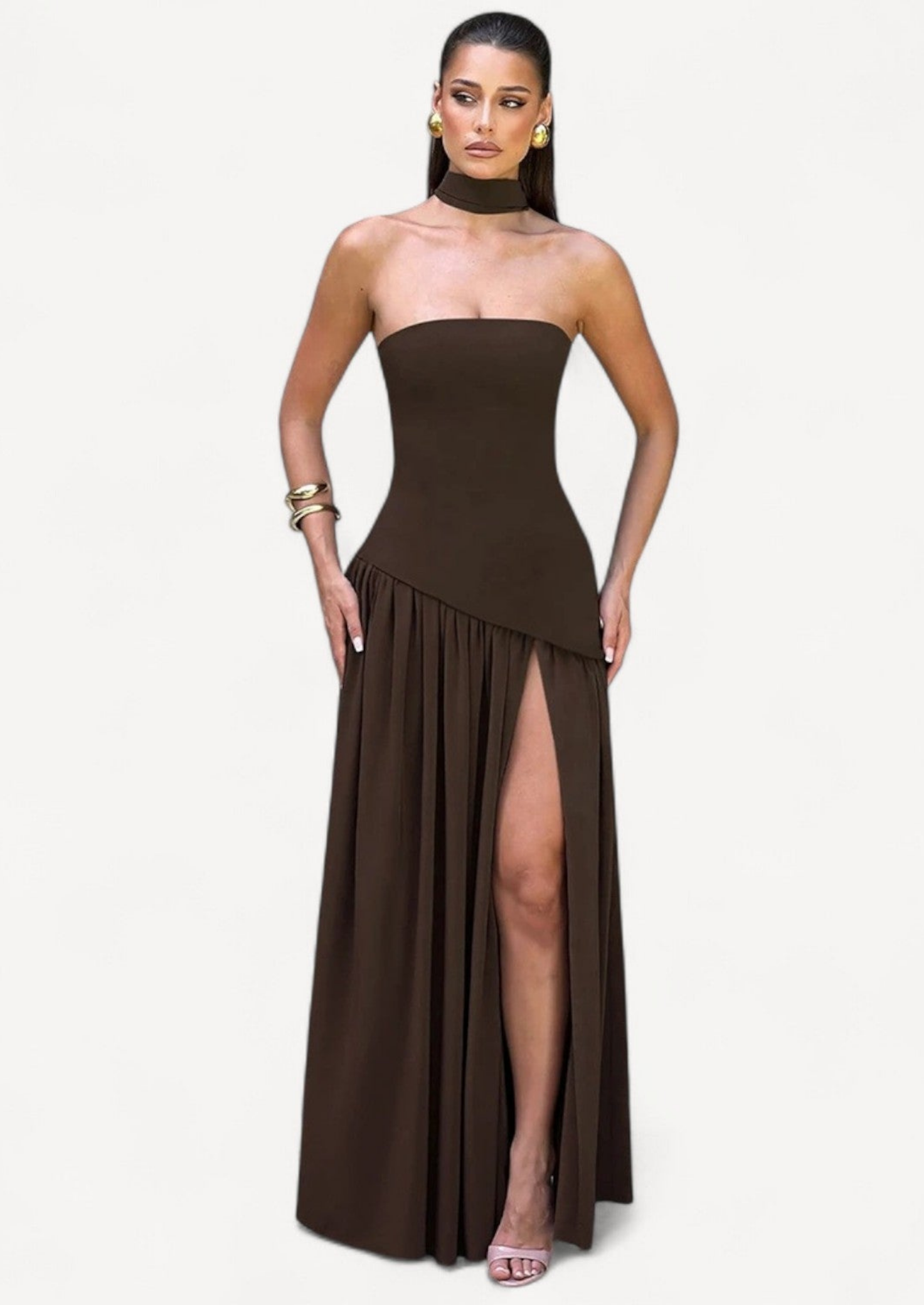 Strapless Maxi Dress with Detachable Scarf | Wedding Guest Gown Women