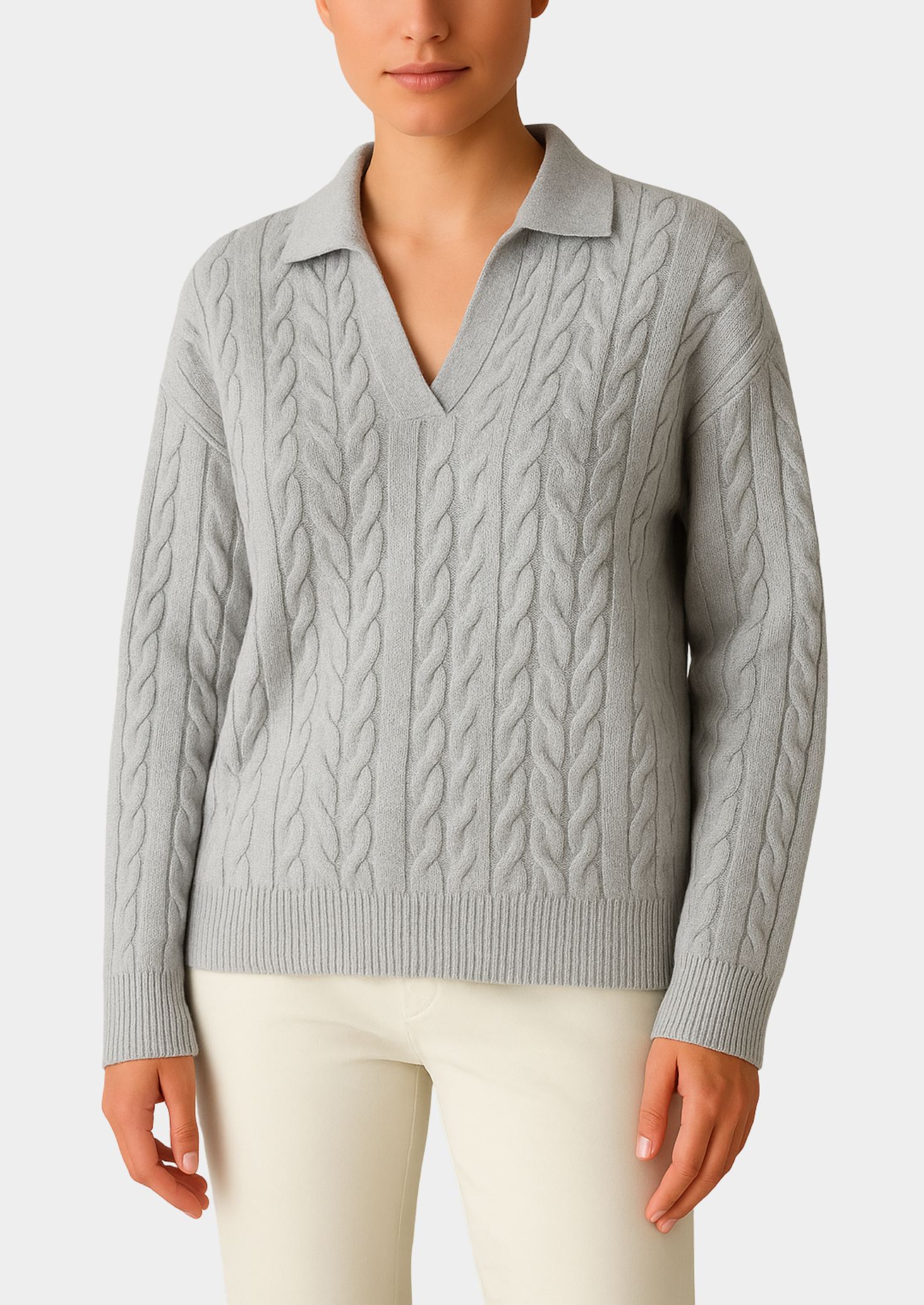 Wool Knit V-Neck Sweater with Collar Women