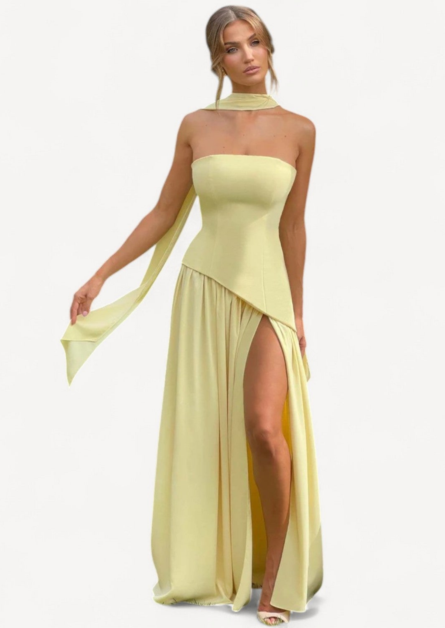 Strapless Maxi Dress with Detachable Scarf | Wedding Guest Gown Women