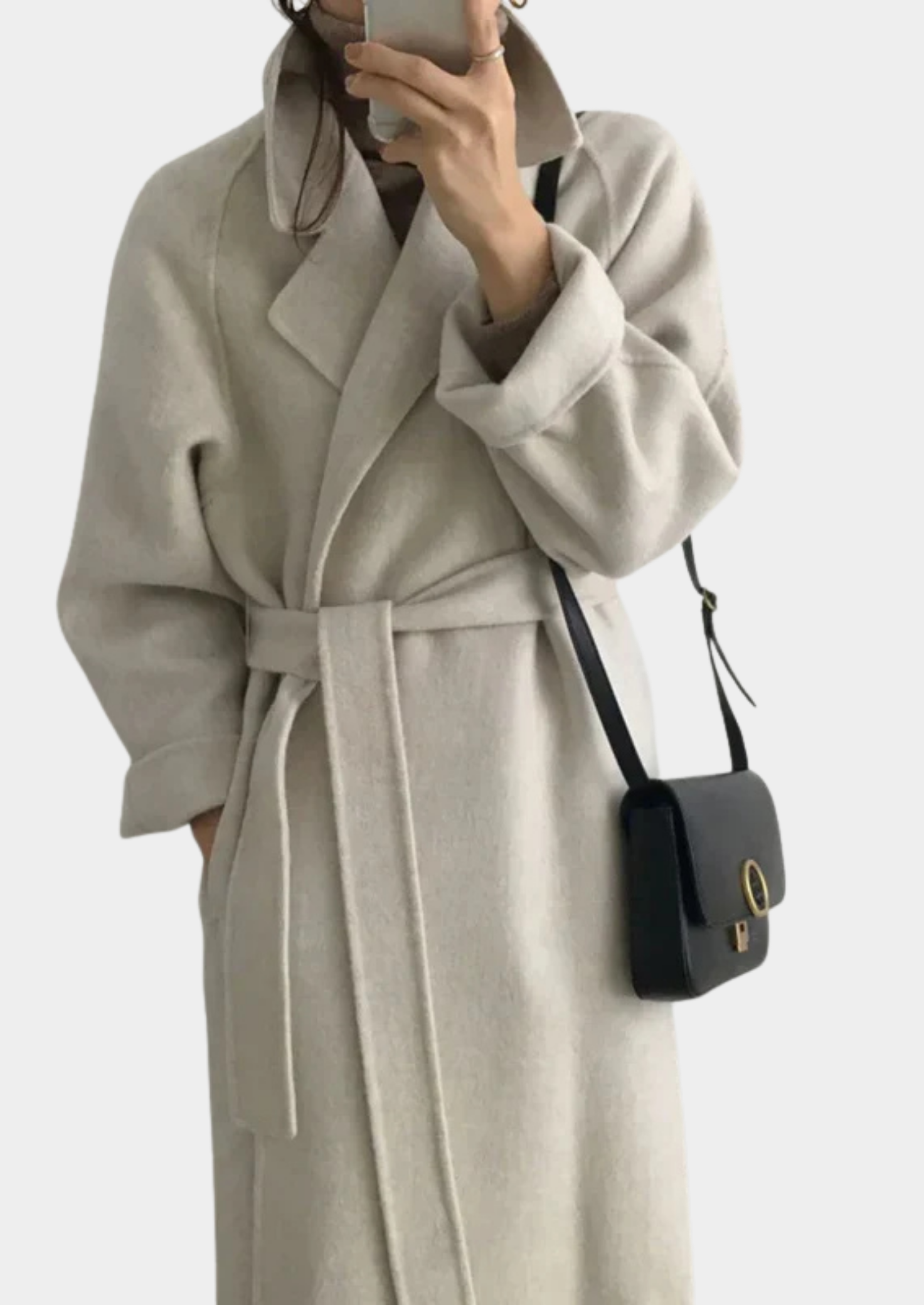 Women's Long Wool-Blend Coat with Belt