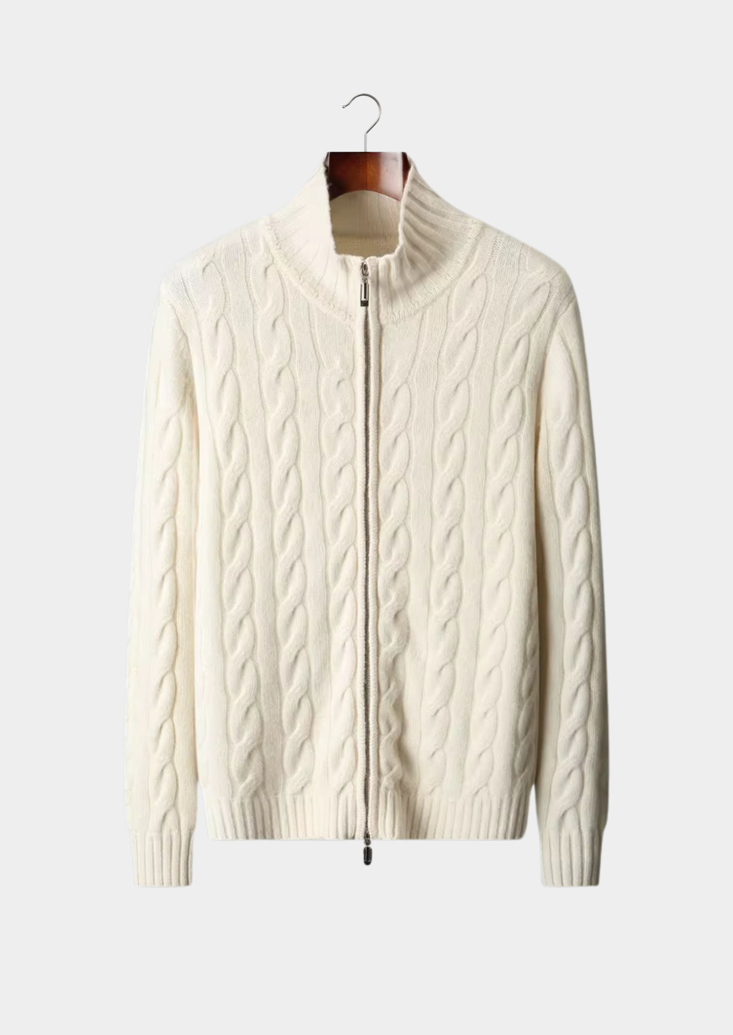 Men’s Merino Wool Double-Tone Cable Knit Zip Cardigan