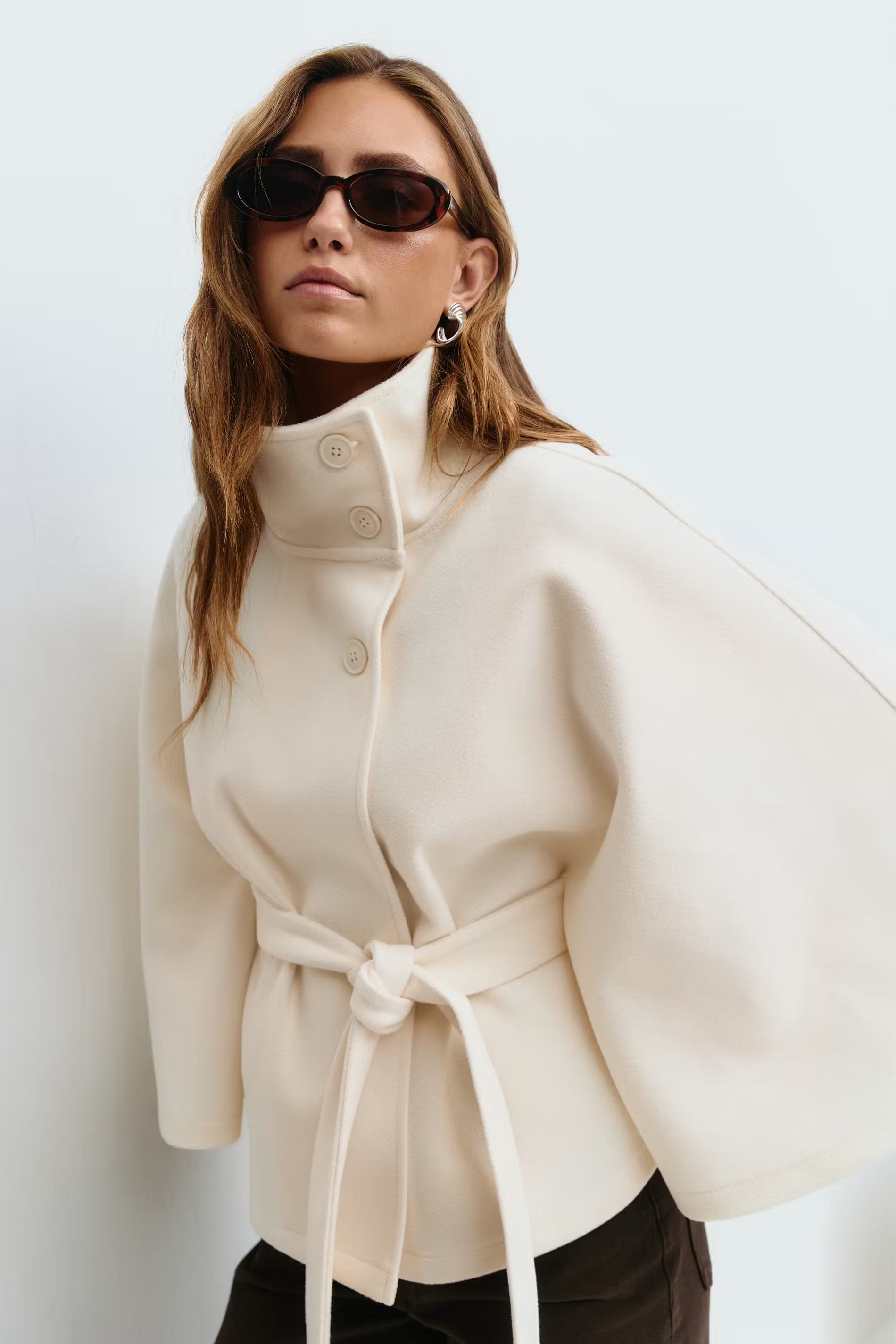 Women's Cape Coat with High Collar and Belt