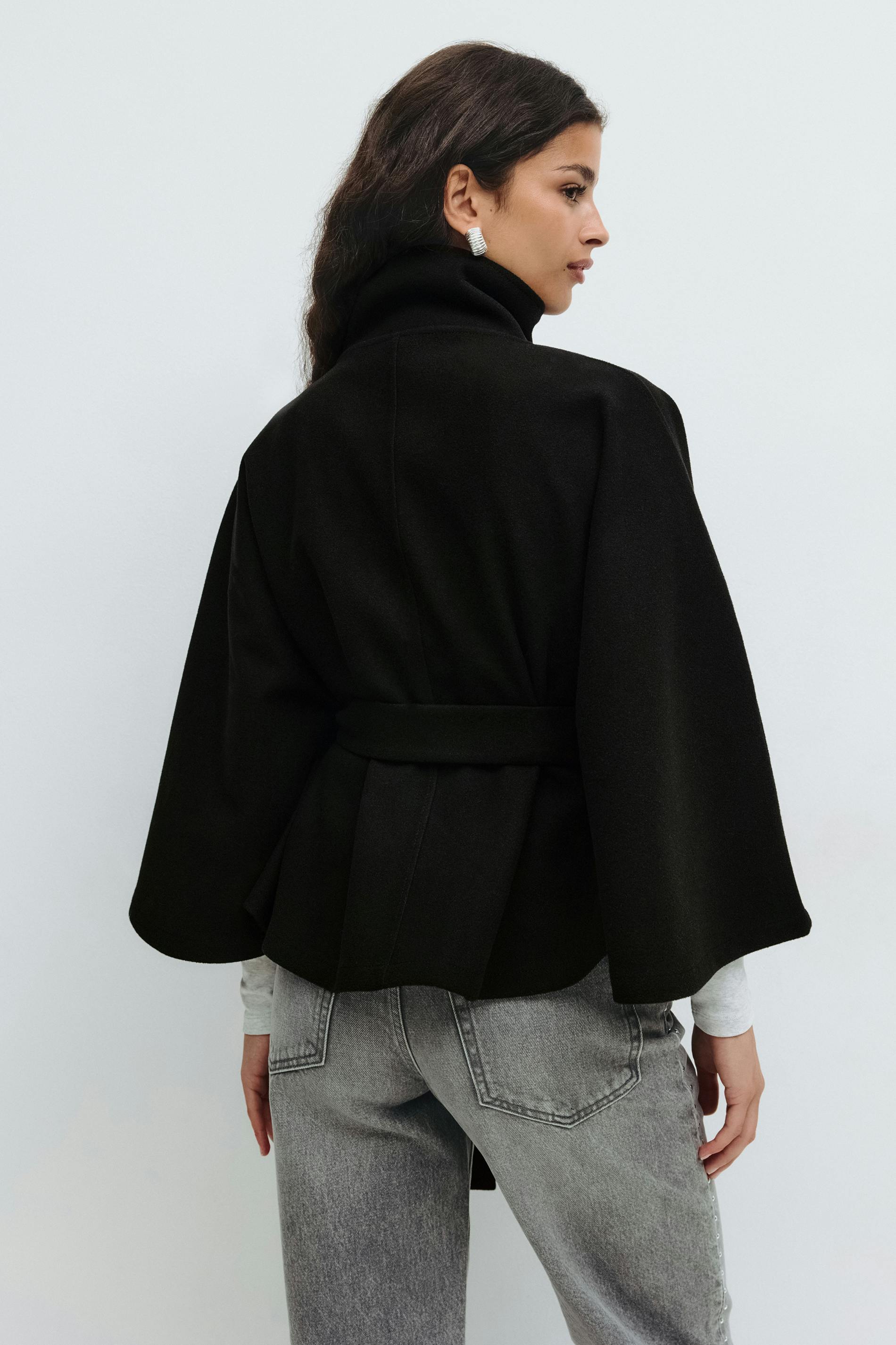 Women's Cape Coat with High Collar and Belt