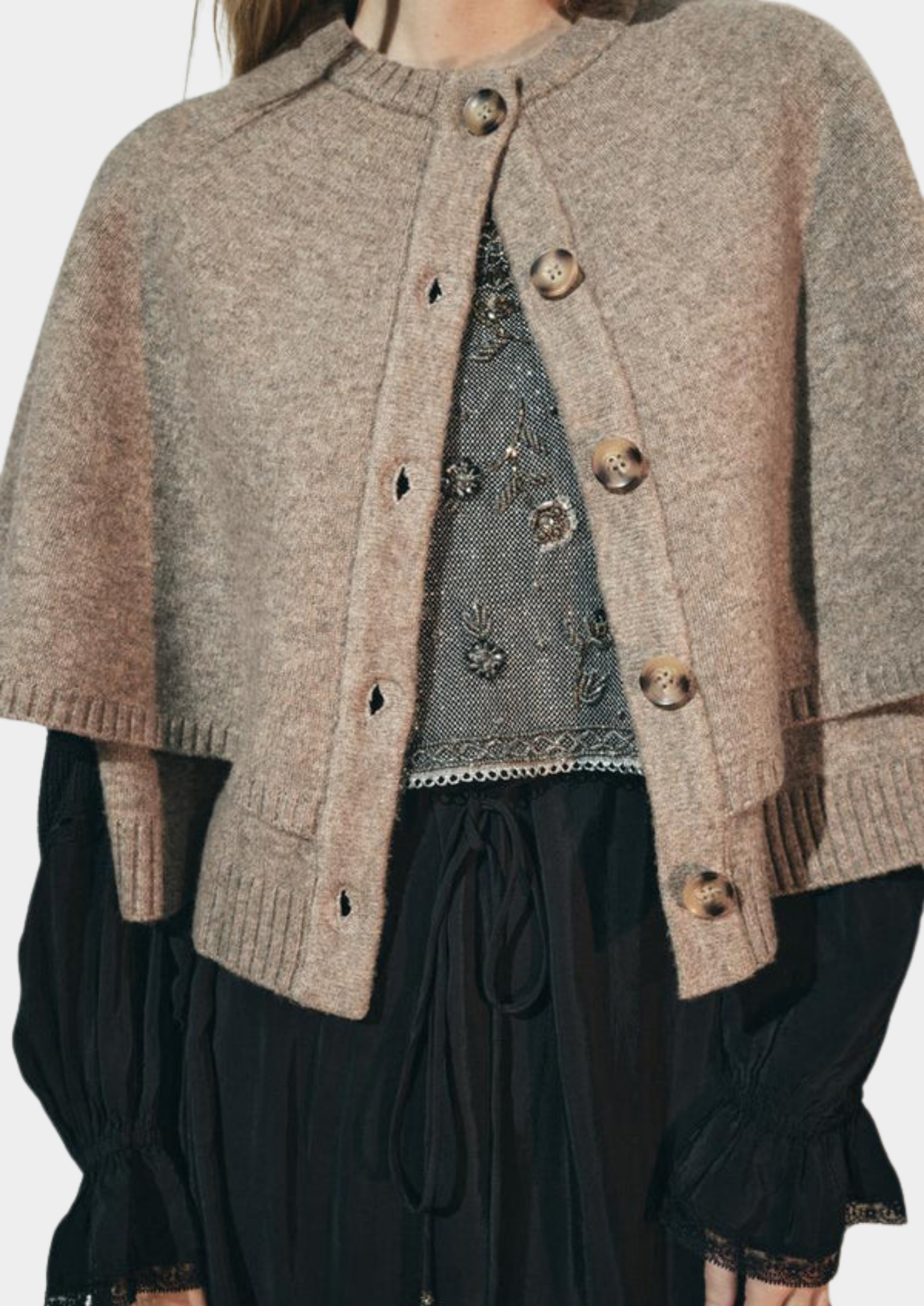 Women’s Knitted Cape Jacket with Button Front and Short Sleeves