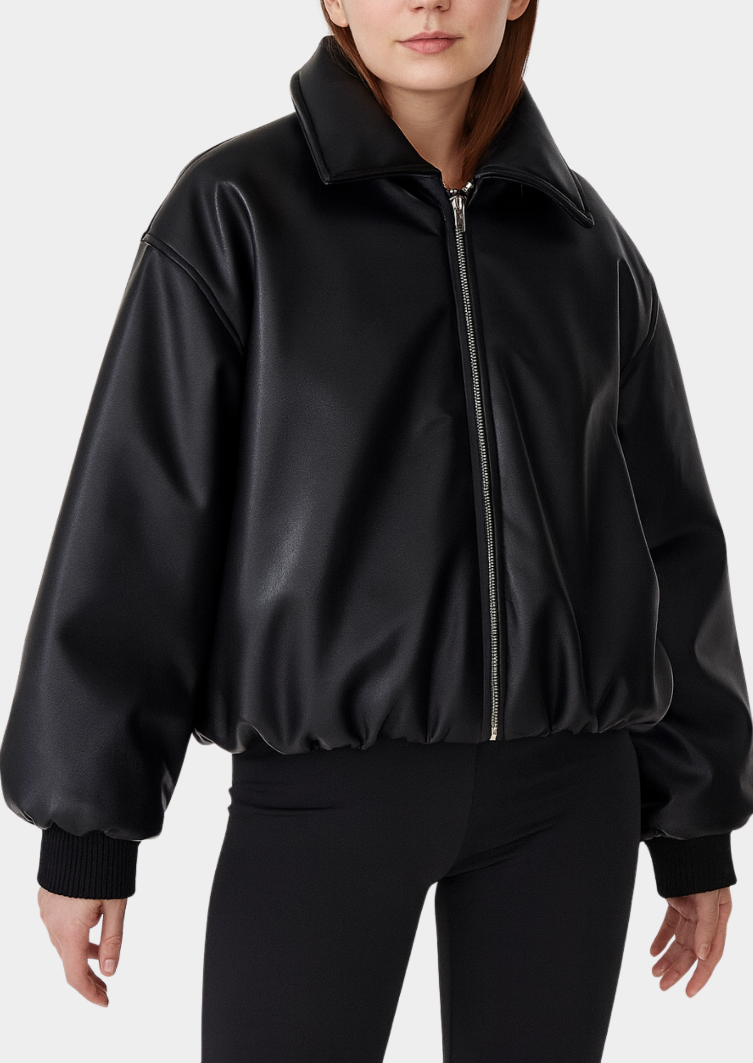 Oversized Vegan Leather Jacket with Ribbed Hem Women