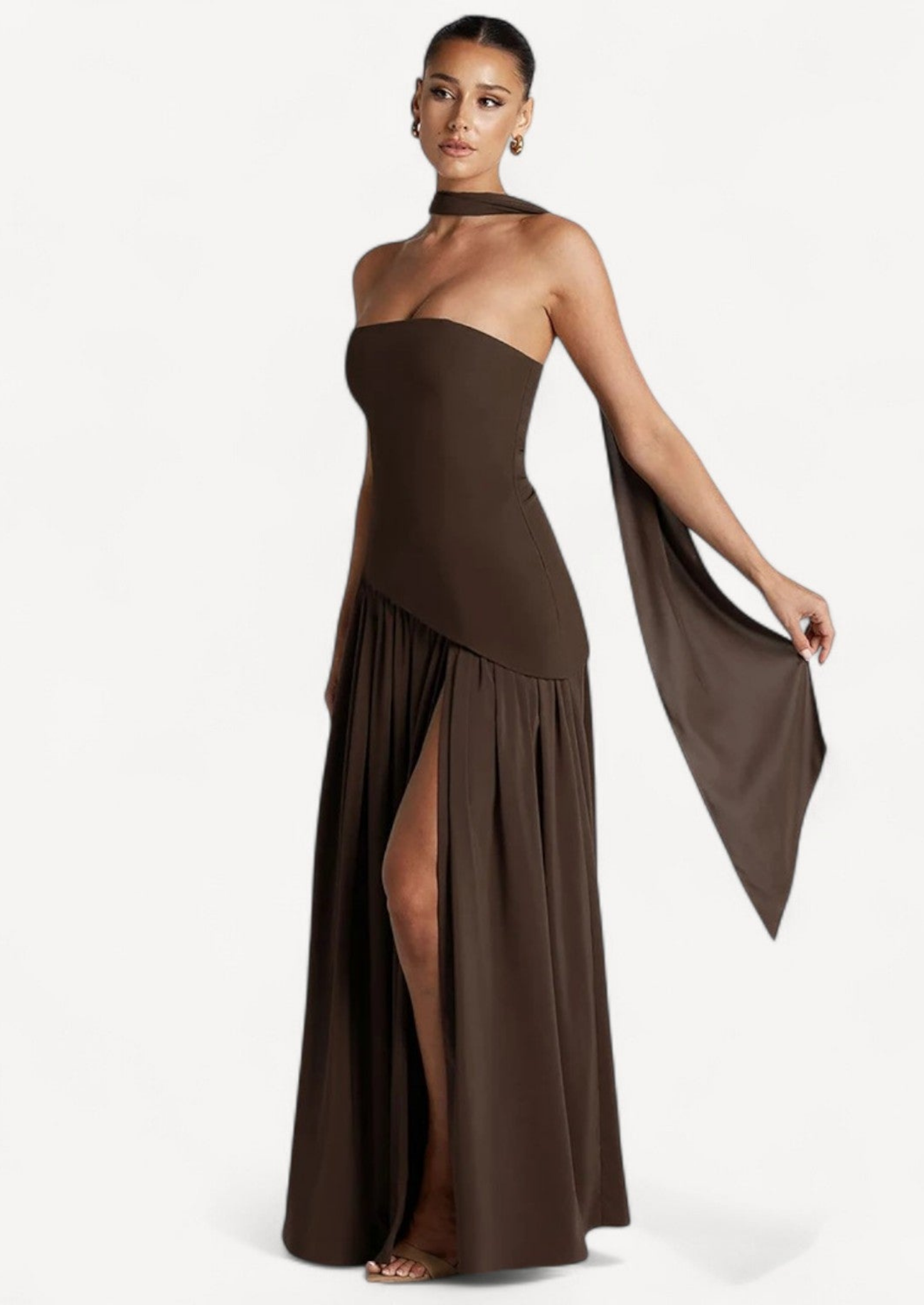 Strapless Maxi Dress with Detachable Scarf | Wedding Guest Gown Women