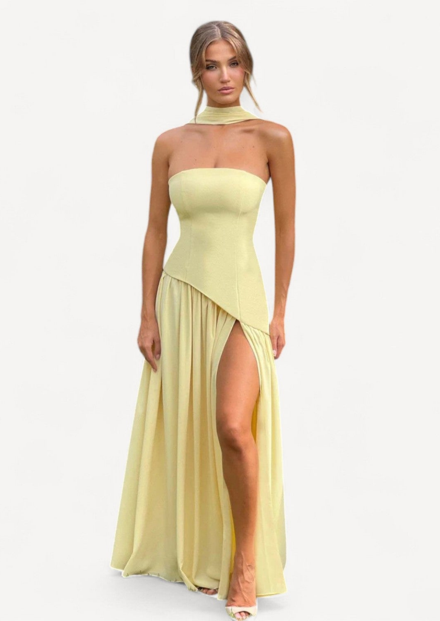Strapless Maxi Dress with Detachable Scarf | Wedding Guest Gown Women